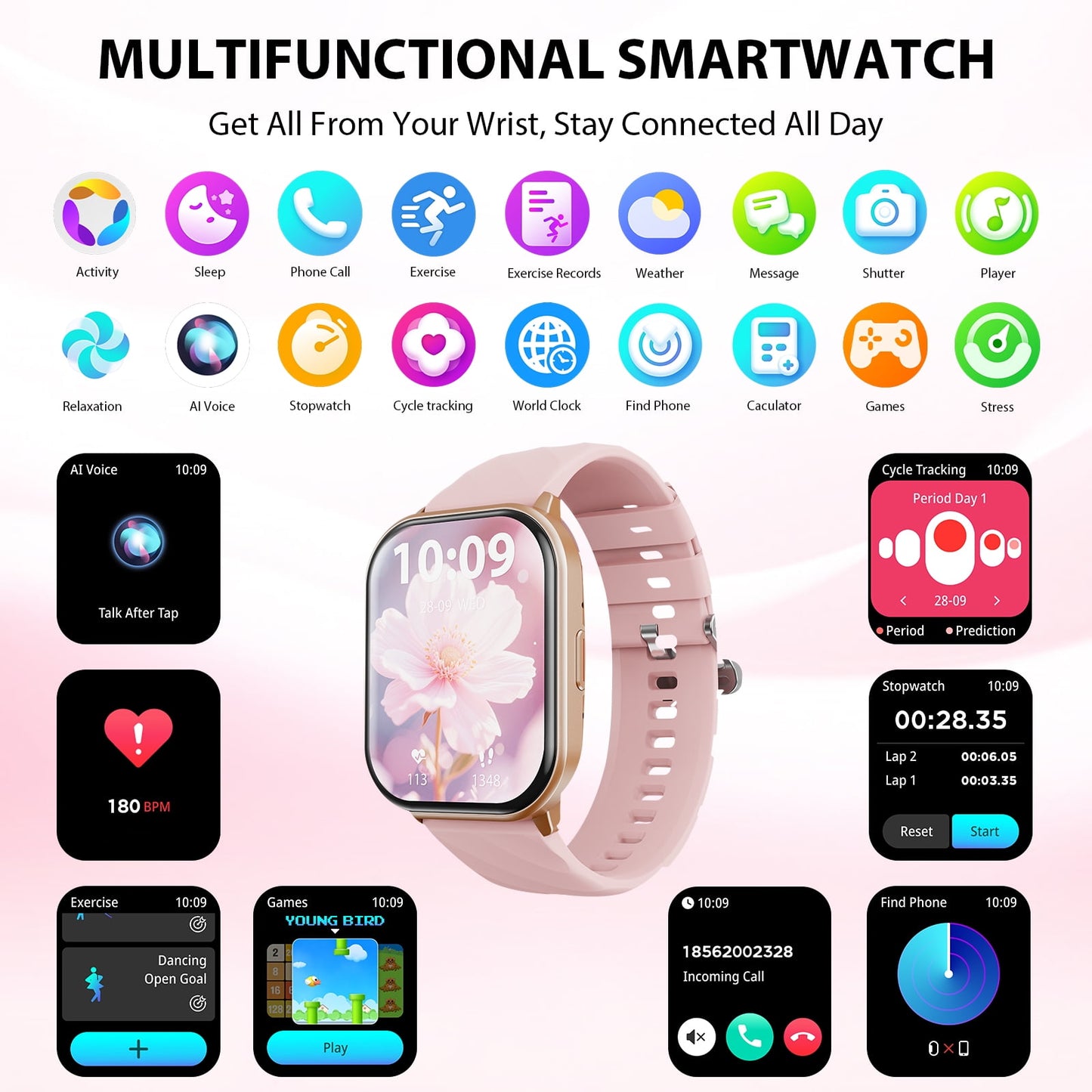 Smart Watch fits for Android & iPhone (Bluetooth Answer/Make Calls), 2.01 inch IP68 Waterproof Tracking Fitness, Sleep Monitor/Pedometer/Calories,Multiple Sports Modes,Pink