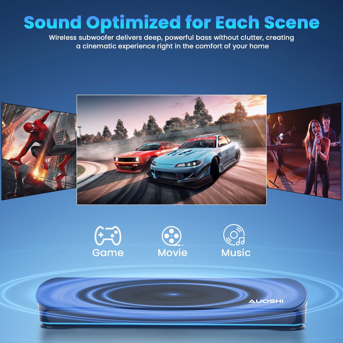 2.1ch Small Sound Bar for TV, 60W Bluetooth Soundbar with Subwoofer, 5 EQ Modes, HDMI ARC/Optical/AUX/USB, Home Theater Surround Sound System, Wall Mountable, Remote Control, 16.5 inch