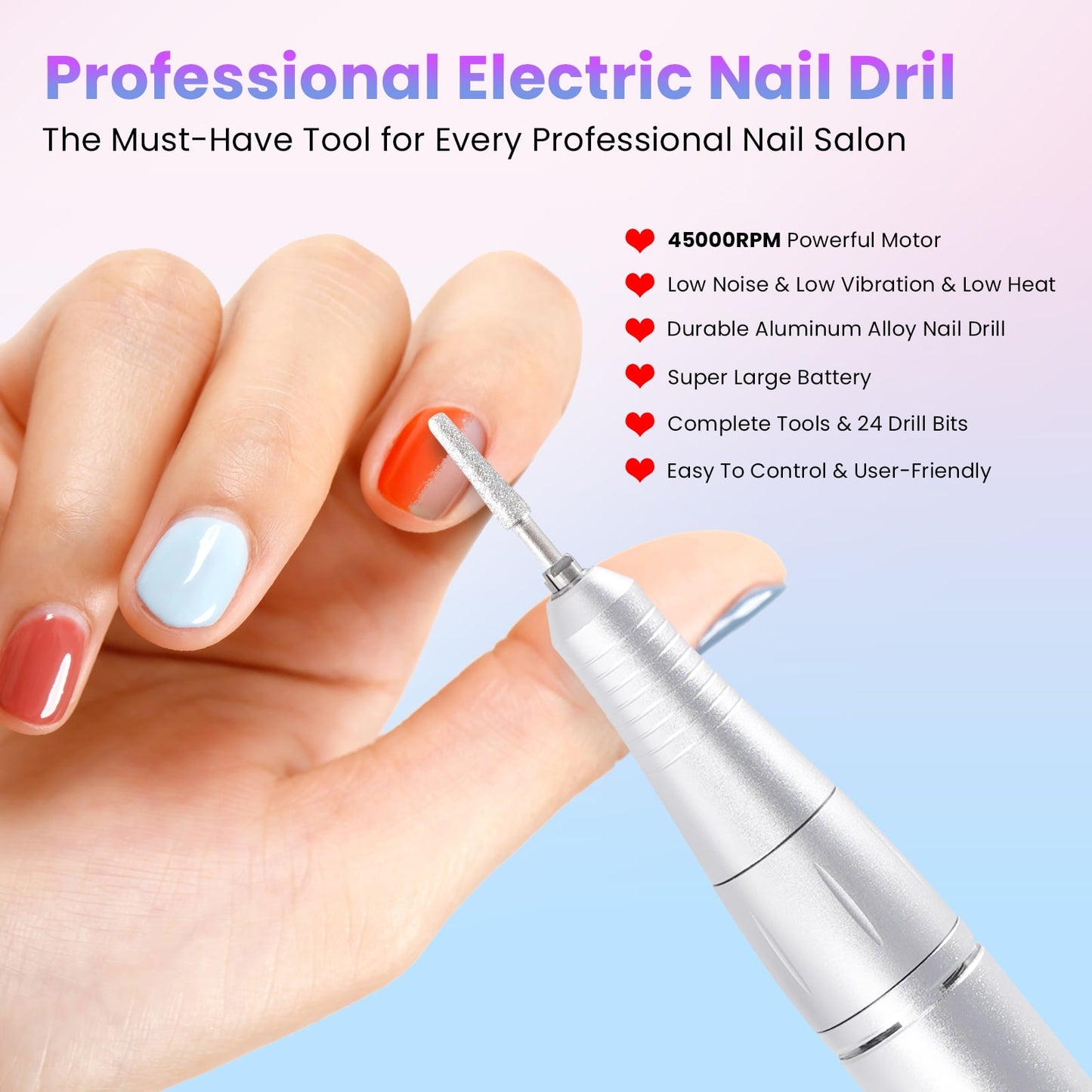 Professional Nail Drill Kit 45000 RPM, Rechargeable Electric Nail File , Cordless E-File Machine with LCD Display & 24 Drill Bits for Acrylic, Gel Nails & Cuticle Care