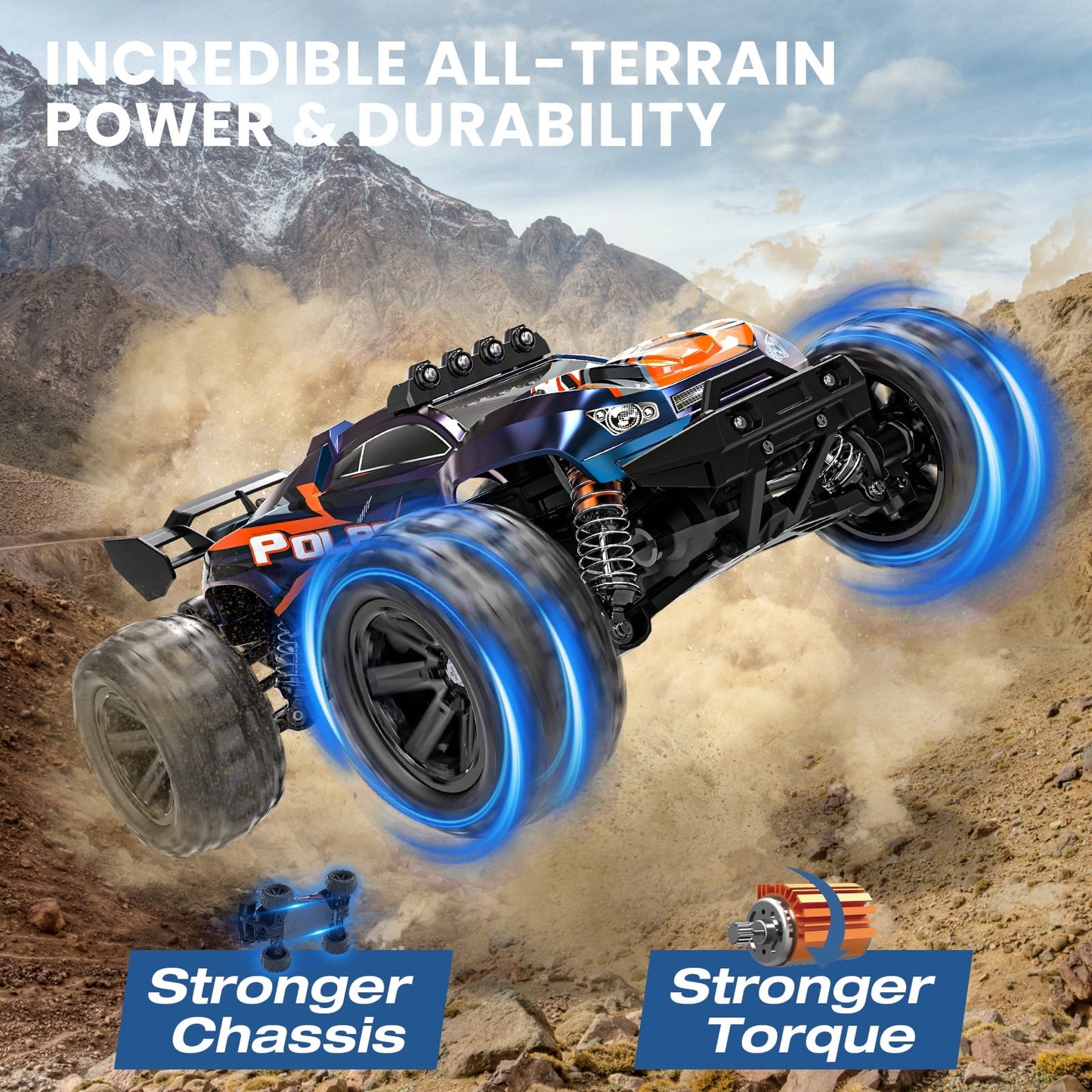 Fast RC Toy Car 40+MPH All-Terrain Remote Control Truck, 4WD Off-Road 1:14 Scale, 70 Min Runtime, 2 Batteries, LED Lights, Waterproof, Center Metal Drive Shaft – Gift for Kids, Teens & Adults