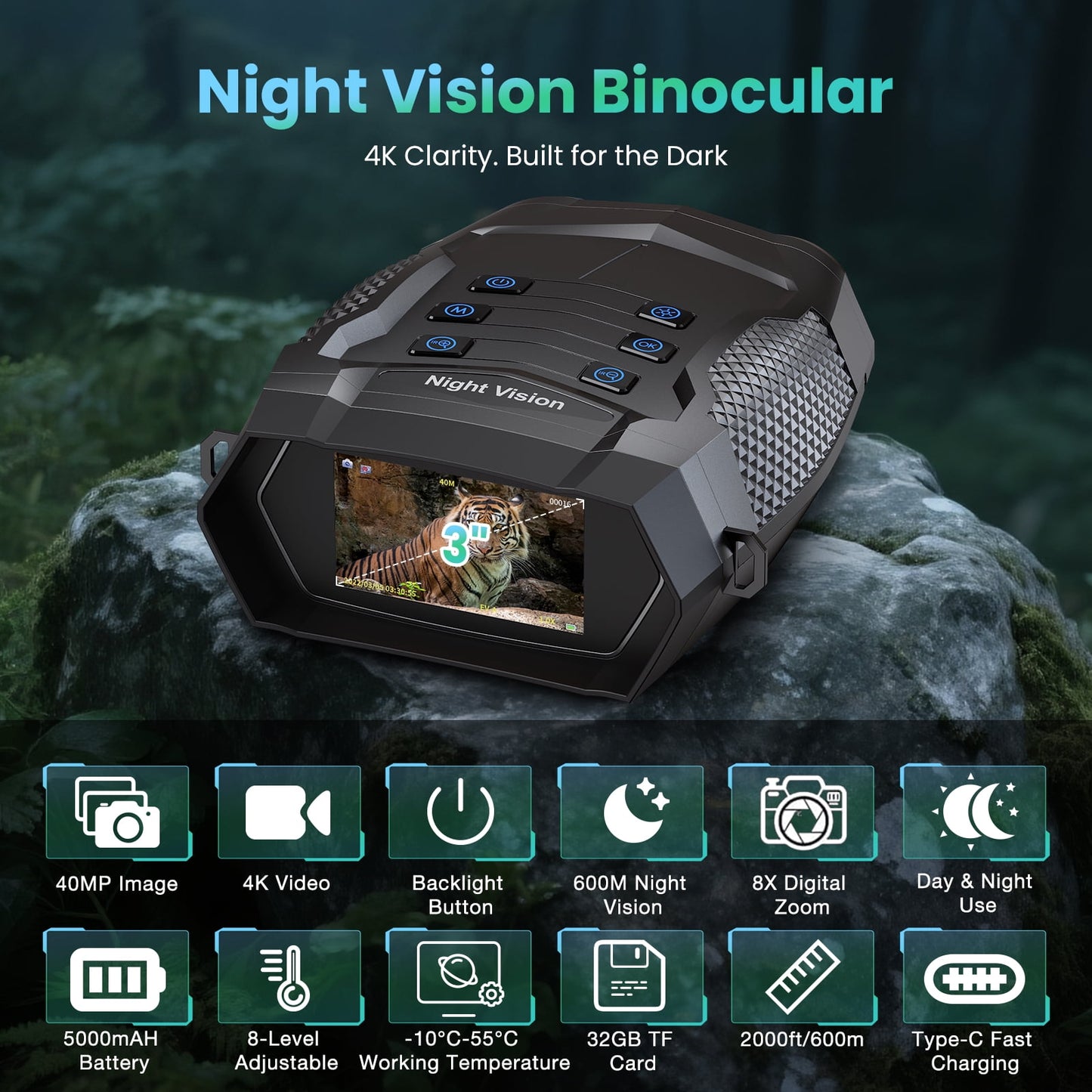 4K Night Vision Goggles for Adults – FETERVIC Digital Infrared Binoculars with Camera, 2000FT Long Range, 3'' Screen, Rechargeable 5000mAh Battery, 64GB Card for Hunting, Camping, Wildlife & Surve
