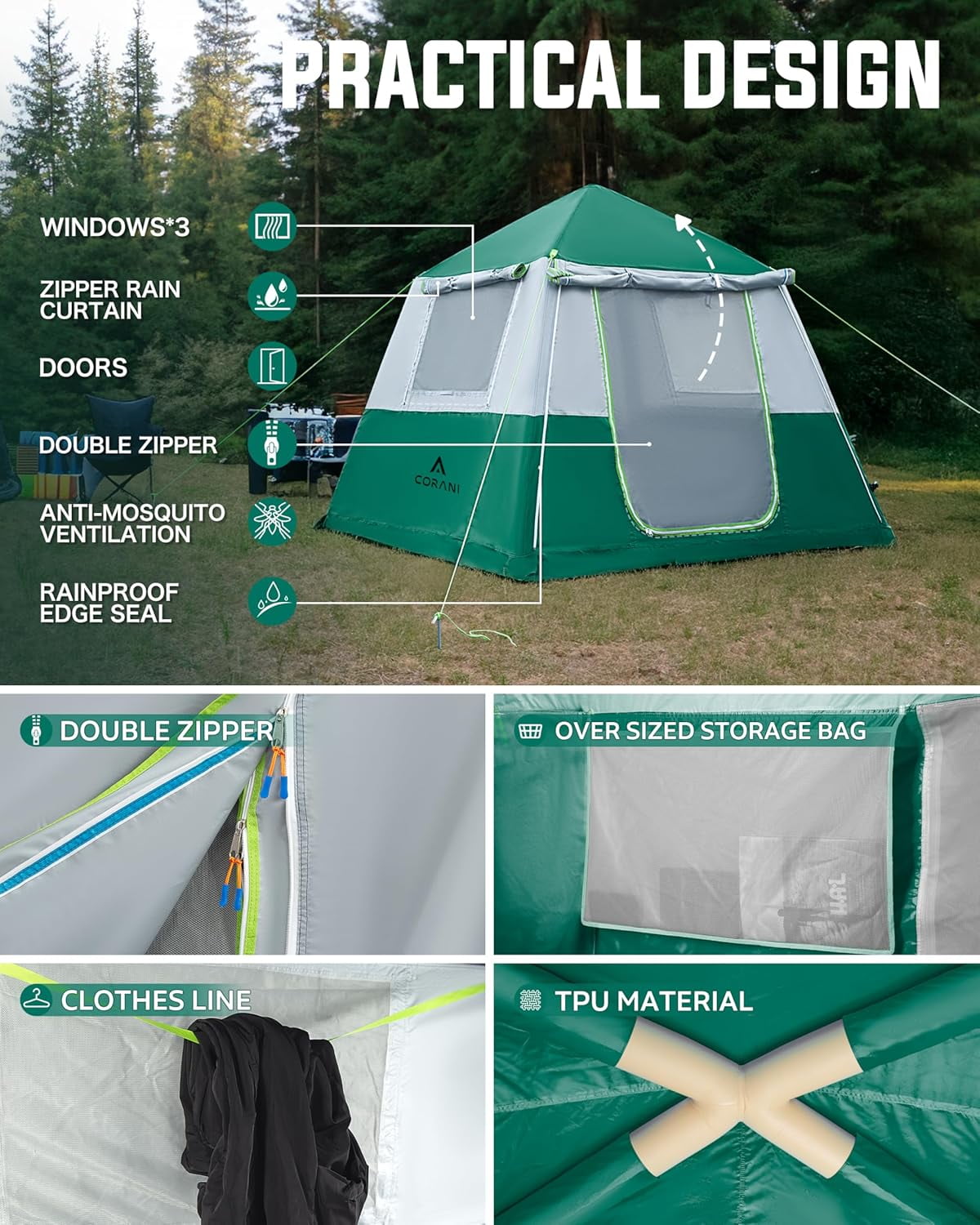 4-6 Person Camping Tent Pop Up Tent Waterproof Automatic Setup 2 Doors-Instant Family Tents for Camping Hiking & Traveling