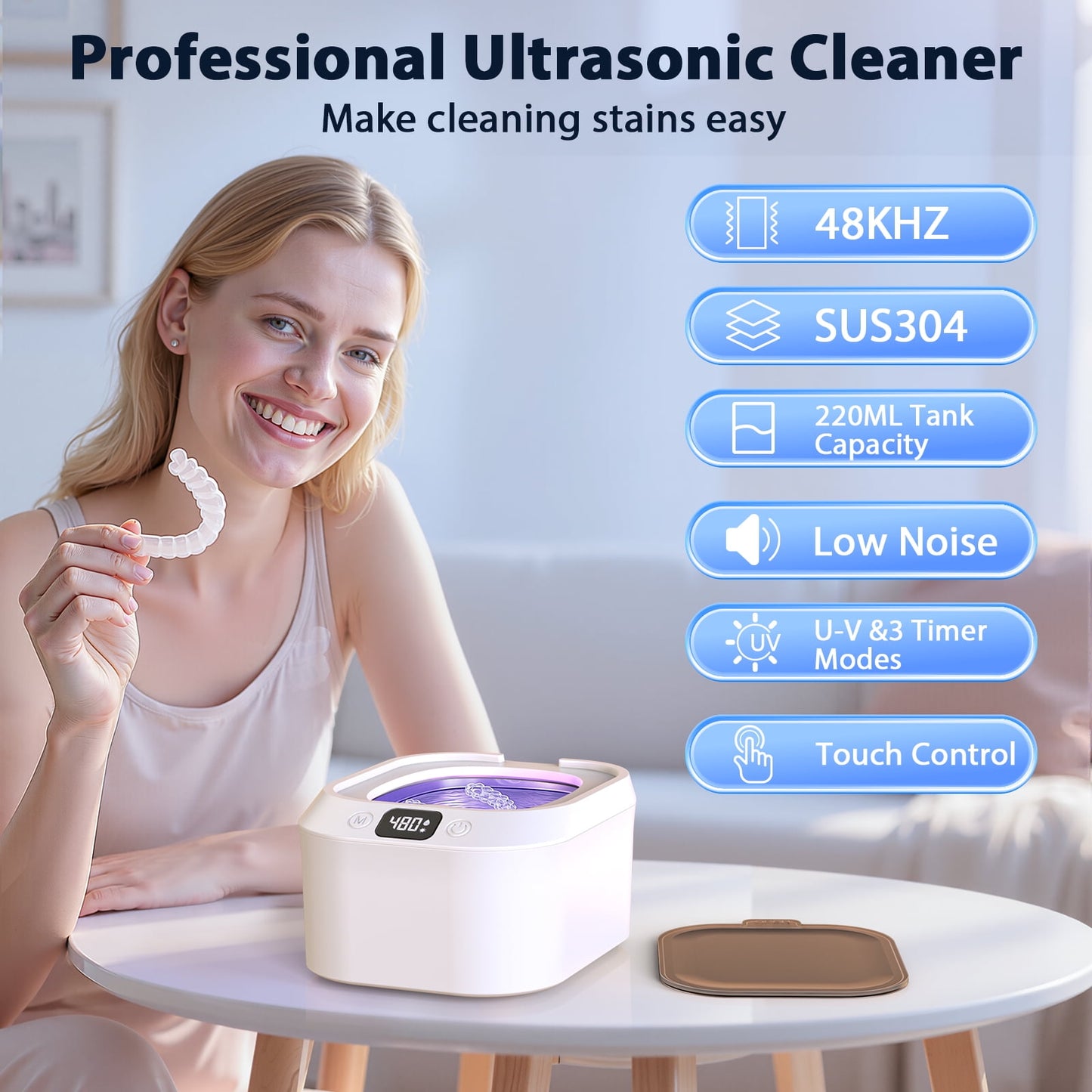 48kHz Ultrasonic Retainer Cleaner Machine with 220ML, 3 Modes, Ultrasonic Denture Cleaner for Mouth Guard, Aligners